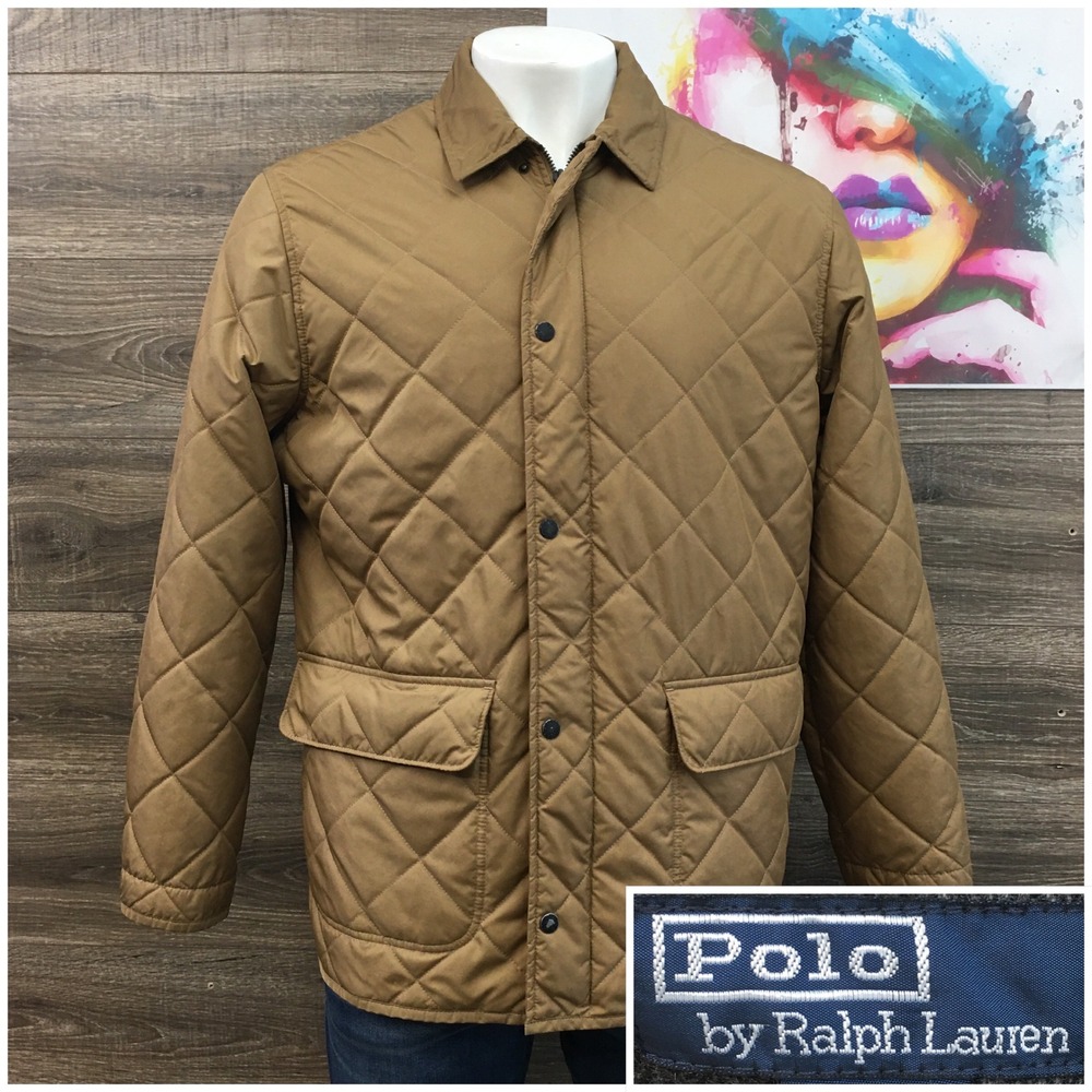 Vintage Polo Ralph Lauren Quilted Barn Jacket Tan Full Zip Collar Pockets Mens L